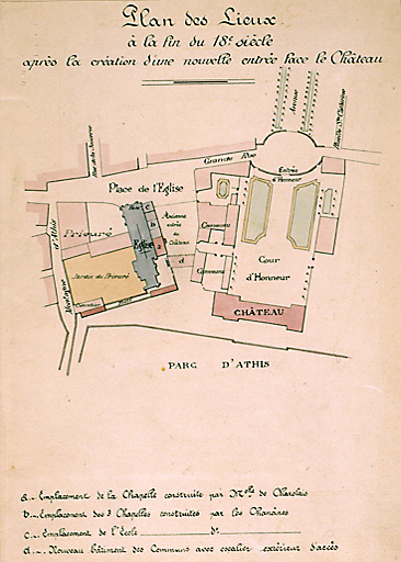 Série de 5 plans 'indiquant les transformations successives opérées à diverses époques aux alentours de l'église et du château, dressés à l'aide des plans existant dans les archives du château d'Athis', par le géomètre Perret, Yerres, 15 janvier 1908 : 'plan des lieux à la fin du 18e siècle après la création d'une nouvelle entrée face au château' ; a : chapelle construite par Melle de Charolais ; b : 3 chapelles construites par les chanoines ; c : école ; d : nouveau bâtiment des communs avec escalier extérieur d'accès.