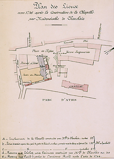 Plan de l'église flanquée de la chapelle construite par la Comtesse de Charolais, vers 1746.