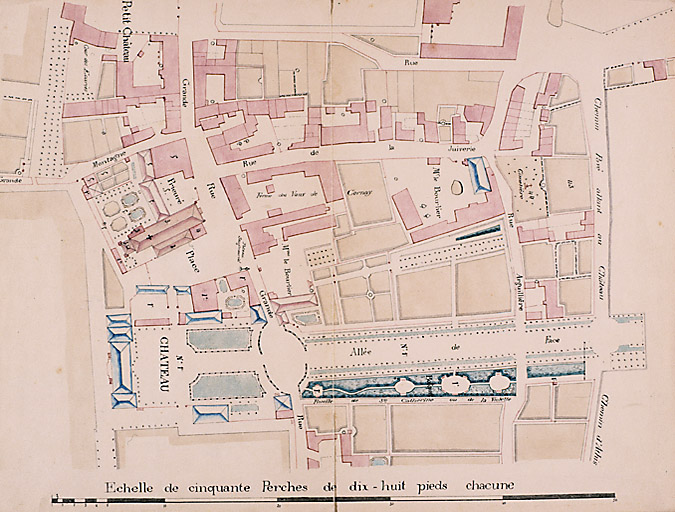 'Extrait du plan du village d'Athis levé en 1772 par A. Rivière, carte 1ère, copié et certifié conforme à l'original existant à la mairie d'Athis-Mons' par Perret, Yerres, 15 janvier 1908 : le centre d'Athis.