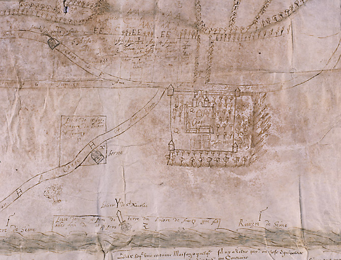 Plan cavalier de Juvisy, Athis-Mons et Viry-Châtillon, dessiné à la plume sur parchemin : détail du domaine de Chaiges. Entre 1556 et 1625.