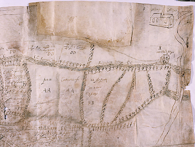 Plan cavalier de Juvisy, Athis-Mons et Viry-Châtillon, dessiné à la plume sur parchemin : détail d'Athis. Entre 1556 et 1625.