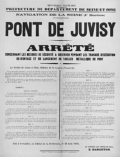 Affiche relative à la sécurité de la navigation en Seine à l'occasion de la construction du pont, datée du 24 juin 1893.