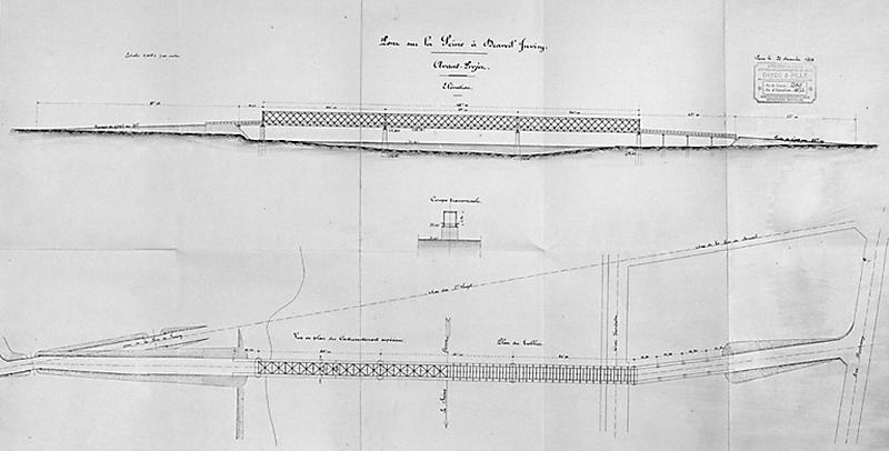 Avant-projet établi par les Ateliers de Creil, anc. établissements Le Brun, Daydé et Pillé, daté du 26 décembre 1889 (dessin n° 1569-1473) : élévation longitudinale, plan partiel du contreventement supérieur et du tablier, coupe transversale.