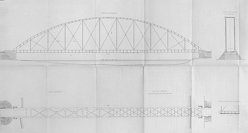 Avant-projet établi par l'ingénieur Auguste Dallot le 29 juillet 1890 : élévation générale, plan supérieur du tablier, contreventement des arcs, coupe transversale du pont, coupe longitudinale du tablier.