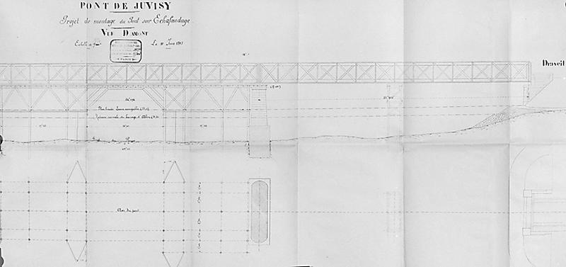 Projet de montage du pont sur la Seine établi par l'agent-voyer chef Michaud dressé le 10 juin 1893 : élévation longitudinale et plan des implantations établi par la S.A. des Anciens Ets Cail à Paris (reproduction partielle).