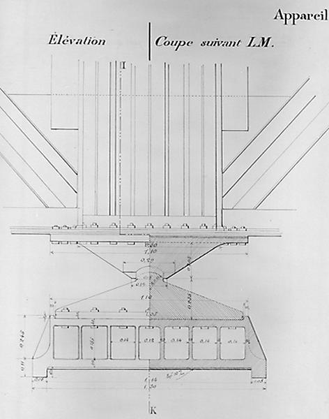 Projet établi par l'agent-voyer chef Michaud dressé le 20 octobre 1892 : détail d'un sabot fixe à la base d'un appui établi sur la pile de la rive droite.