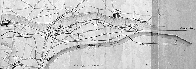 Plan de situation des moulins d'Athis et de Juvisy, appuyant une demande de réduction de la contribution des patentes pour 1879 versées par l'entreprise Darblay et Bérenger sur ses moulins ; doc. daté du 31 mars 1881.