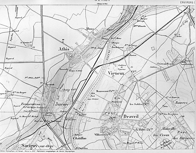 Carte de l'Etat-Major dressée par le Service géographique de l'armée, révisée en 1892, mentionnant le pont projeté sur la Seine entre Juvisy et Draveil.