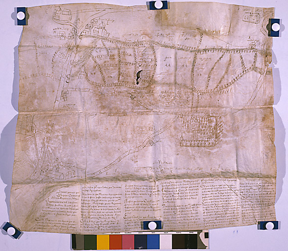 Plan cavalier de Juvisy, d'Athis-Mons et d'une partie de Viry-Châtillon, dessin à la plume sur parchemin non signé non daté (entre 1556 et 1625).