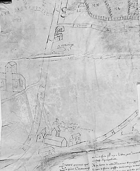 Plan cavalier de Juvisy, d'Athis-Mons et d'une partie de Viry-Chatillon, dessin à la plume sur parchemin non signé non daté (entre 1556 et 1625) : détail du bourg de Chatillon à Viry-Chatillon