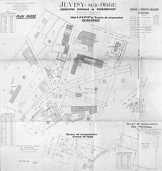 Plan du centre-ville remembré, dressé par M. Rabelle, géomètre-chef des Services techniques de remembrement vers 1945 pour l'Association syndicale de remembrement.