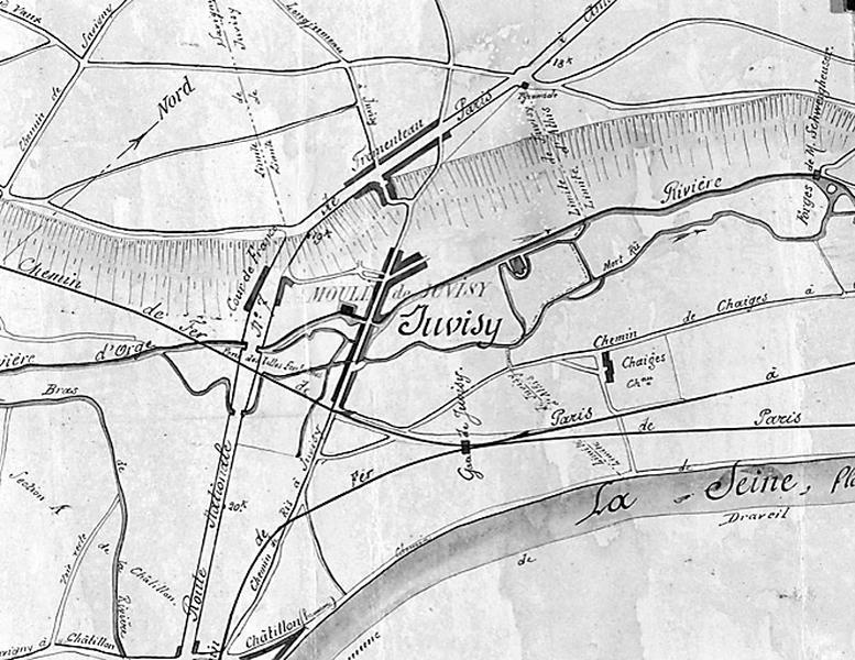 Plan de situation du moulin de Juvisy appuyant une demande de réduction de la contribution des patentes pour 1879 versée par l'entreprise Darblay et Bérenger sur ses moulins ; document partiellement reproduit, daté du 31 mars 1881.