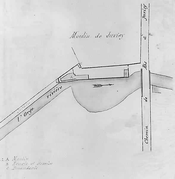 Plan-masse du moulin de Juvisy appuyant une demande de réduction de la contribution de la patente pour 1879 versée par l'entreprise Darblay et Bérenger sur ses moulins, document daté du 31 mars 1881.