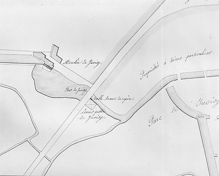 Plan-masse du moulin de Juvisy-sur-Orge appuyant une demande de réduction de la contribution de la patente pour 1879 versée par l'entreprise Darblay et Bérenger sur ses moulins, document daté du 31 mars 1881.