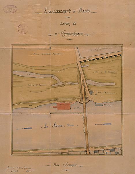 Projet d'installation en Seine d'un établissement de bains-douches, d'un lavoir et d'un bassin de natation : plan de situation dressé entre 1893 et 1899, non signé.