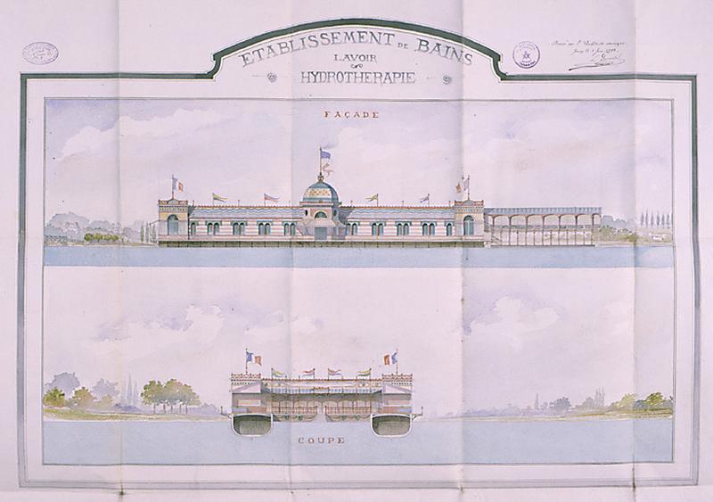 Projet d'installation en Seine sur la rive de Draveil d'un établissement de bains-douches, d'un lavoir et d'un bassin de natation : élévation longitudinale et coupe transversale, planche aquarellée, datée 1893 et signée L. Ducastel.