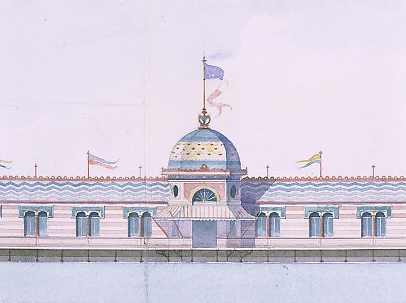 Projet d'installation en Seine d'un établissement de bains-douches, d'un lavoir et d'un bassin de natation : détail de l'élévation longitudinale sur le pavillon d'entrée, planche aquarellée, datée 1893 et signée L. Ducastel.