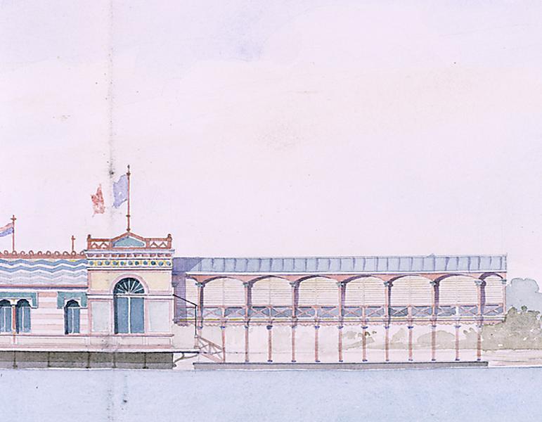 Projet d'installation en Seine d'un établissement de bains-douches, d'un lavoir et d'un bassin de natation : détail de l'élévation longitudinale sur l'estacade d'accès, planche aquarellée, datée 1893 et signée L. Ducastel.