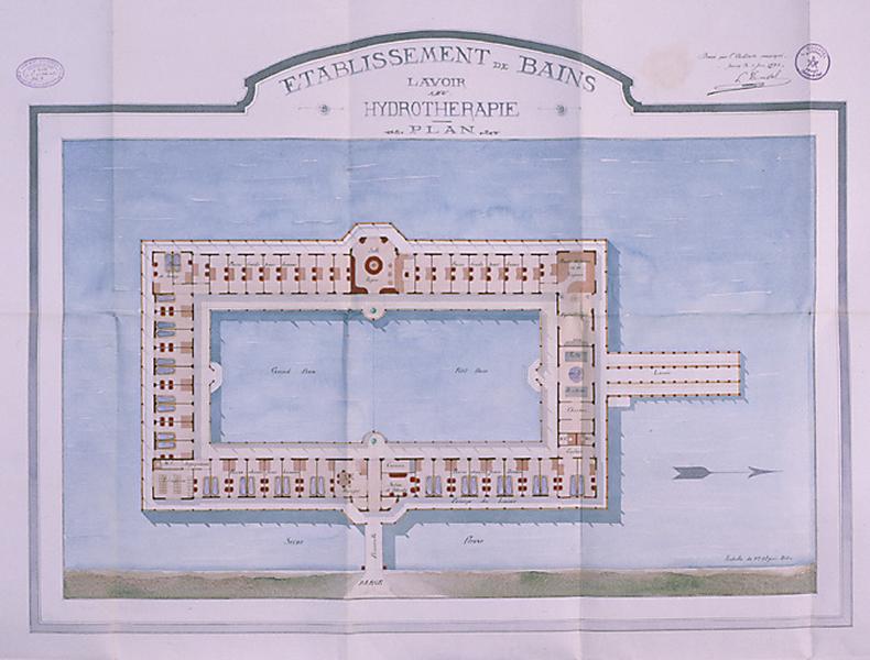 Projet d'installation en Seine d'un établissement de bains-douches, d'un lavoir et d'un bassin de natation : plan général, planche aquarellée, datée 1893 et signée L. Ducastel.