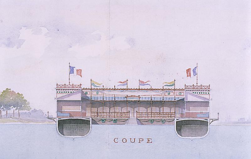 Projet d'installation en Seine sur la rive de Draveil d'un établissement de bains-douches, d'un lavoir et d'un bassin de natation : coupe transversale montrant la structure flottante et l'alimentation du bassin en eau de rivière, planche aquarellée, datée 1893 et signée L. Ducastel.