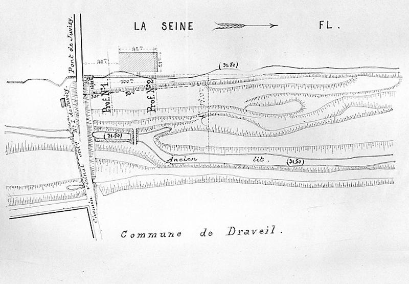 Projet d'installation en Seine d'un établissement de bains-douches, d'un lavoir et d'un bassin de natation : plan de situation marquant la profondeur du lit du fleuve, document dessiné entre 1893 et 1899.