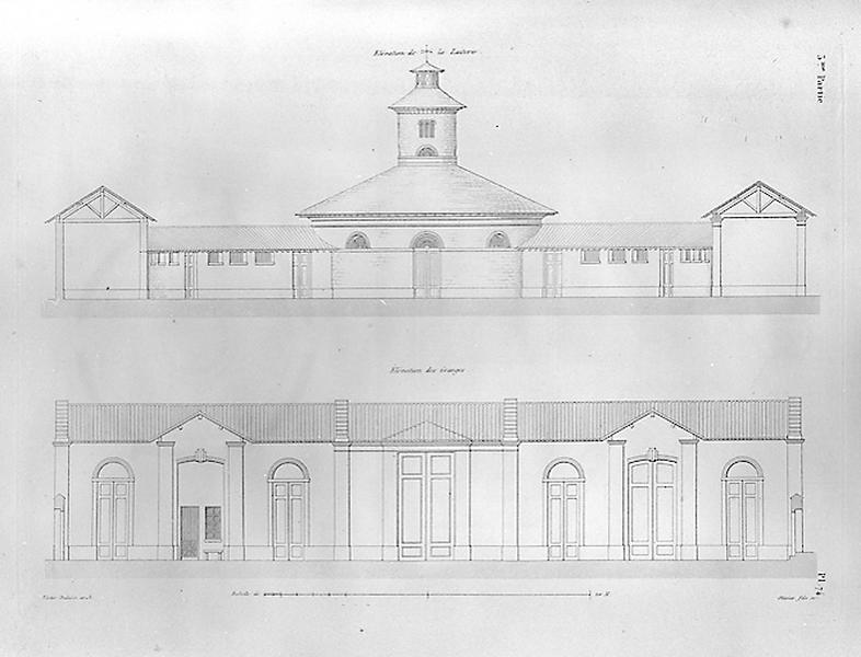 La ferme de la Maladrerie, élévation de la laiterie et des bâtiments publiées par L. Normand.