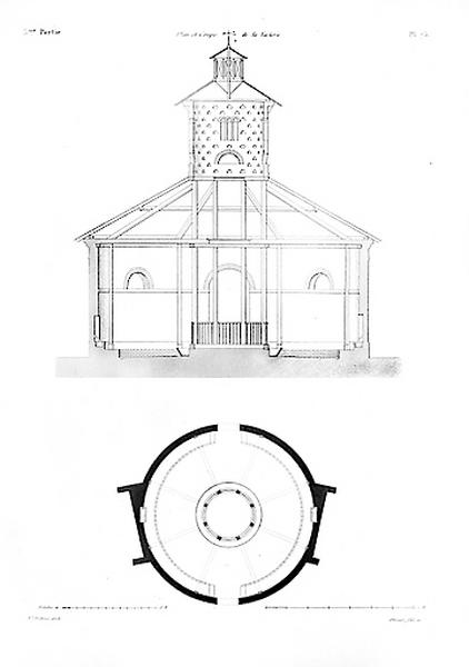 La ferme de la Maladrerie, plan et coupe transversale de l'étable-pigeonnier publiés par L. Normand.