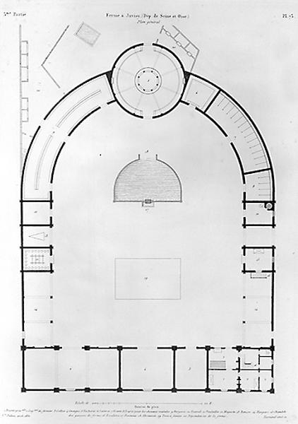 La ferme de la Maladrerie, plan général des bâtiments publié par L. Normand en 1849.1 : entrée principale ; 2 : logement du fermier ; 3 : cellier ; 4 : granges ; 5 : vacherie (également colombier à l'étage) ; 6 : laiterie ; 7 : écurie (14 stalles) ; 8 : écurie pour chevaux malades (5 stalles) ; 9 : bergerie ; 10 : fournil ; 11 : poulailler ; 12 : magasin ; 13 : remise ; 14 : hangars ; 15 : chambre des garçons de ferme ; 16 : escalier ; 17 : fontaine ; 18 : abreuvoir ; 19 : trou à fumier ; 20 : dépendance de la ferme.