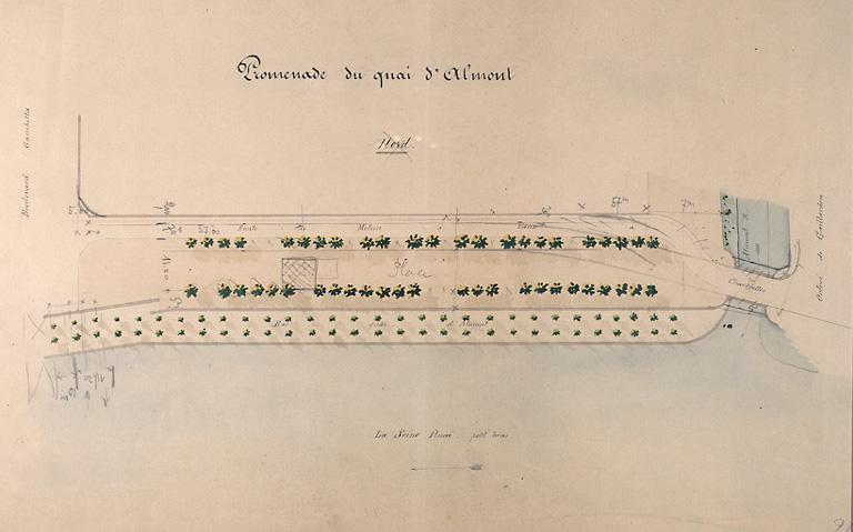 Plan de la promenade du quai d'Almont, avec au crayon l'emplacement projeté du monument aux morts de la Première Guerre mondiale.