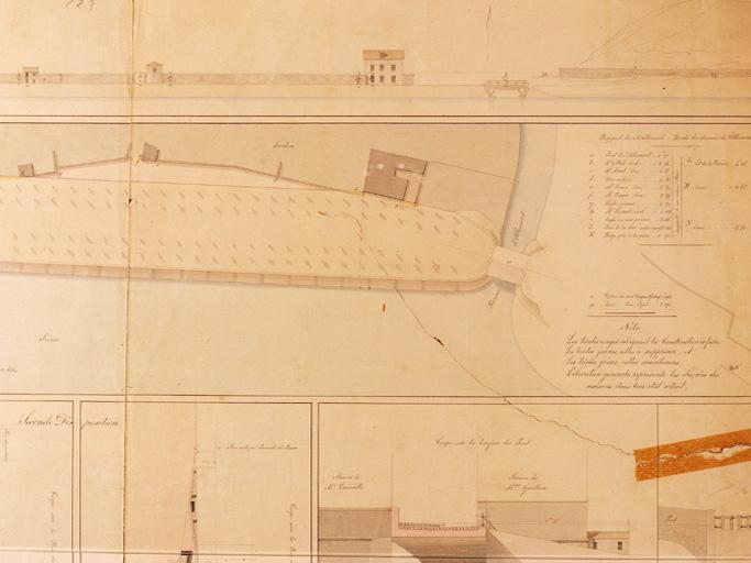 'Ville de Melun. Projet de promenades publiques, de murs de soutènement, de remblais et de diverses constructions tendant à établir une communication directe des rues Neuve, des Potiers et du Pont aux Fruits'. Partie droite du document dessiné par l'architecte de la ville Jean-Jacques Gilson.