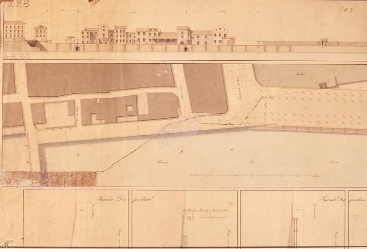 'Ville de Melun. Projet de promenades publiques, de murs de soutènement, de remblais et de diverses constructions tendant à établir une communication directe des rues Neuve, des Potiers et du Pont aux Fruits'. Partie gauche du document dessiné par l'architecte de la ville Jean-Jacques Gilson.