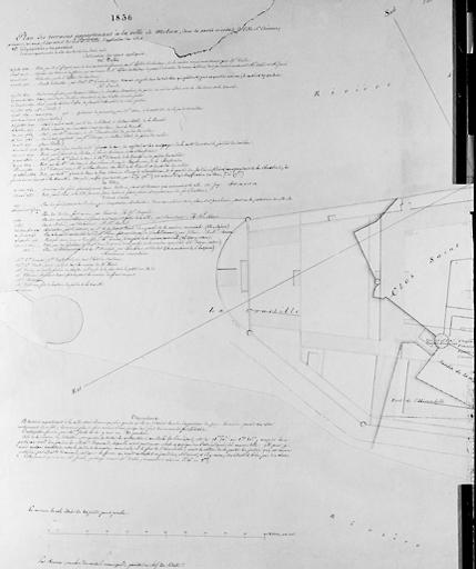 Plan des terrains appartenant à la ville de Melun, dans la partie orientale de l'île Saint-Etienne. Partie gauche du document.