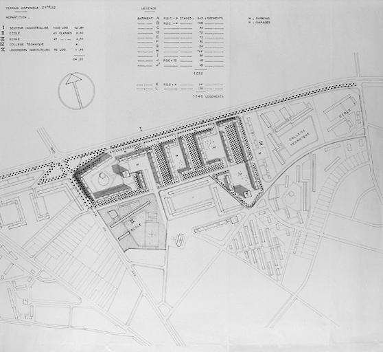 OPDHM Seine-et-Marne. Groupe de Montaigu, Melun. Plan de masse provisoire. Ech 0.0005 p.m.