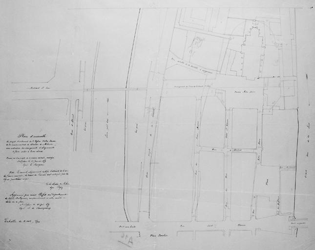 Plan d'ensemble du projet d'isolement de l'église Notre-Dame de la maison centrale de détention de Melun (avec report du détail d'un plan plus ancien représentant le 'temple d'Isis').