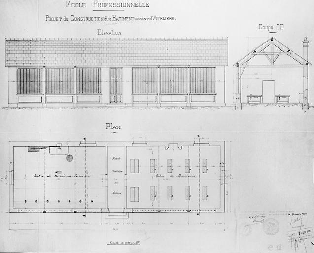 'Collège de Melun. Ecole professionnelle. Projet de construction d'un bâtiment servant d'ateliers'.