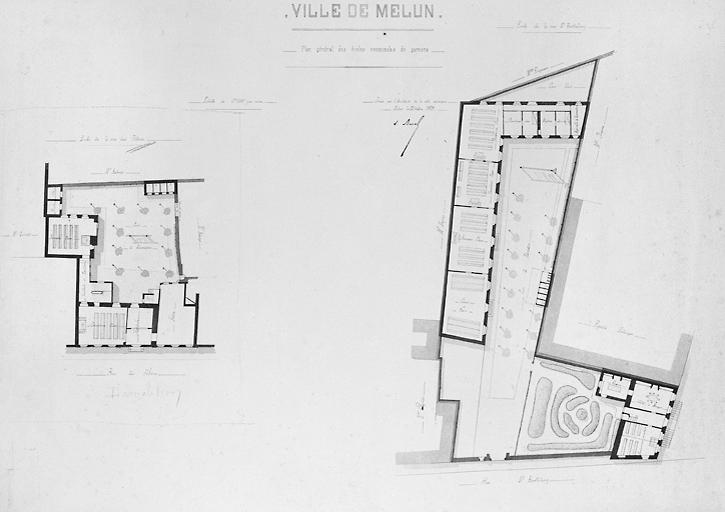 'Ville de Melun. Plan général des écoles communales de garçons.' Les deux écoles représentées, toutes deux disparues, se trouvaient rue des Potiers et rue Saint-Barthélemy.