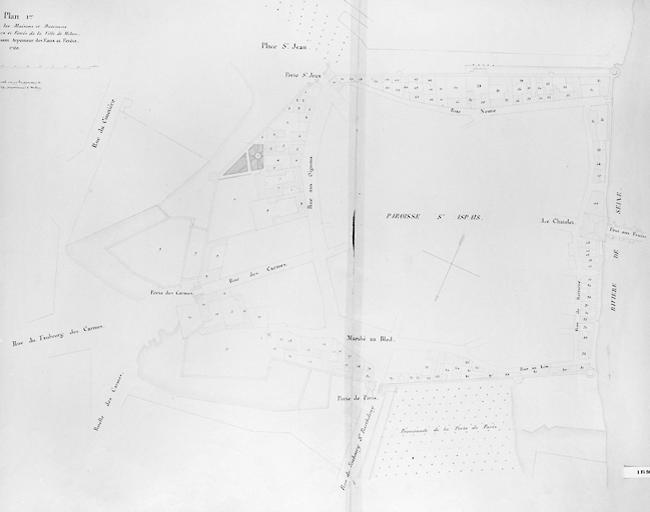 'Plan premier, qui comprend les maisons et bâtiments adjacents aux murs et fossés de la ville de Melun : paroisse Saint-Aspais'.