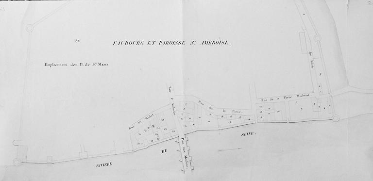 'Plan troisième, qui comprend les maisons et bâtiments adjacents aux murs et fossés de la ville de Melun : faubourg et paroisse Saint-Ambroise'. Partie inférieure du document.