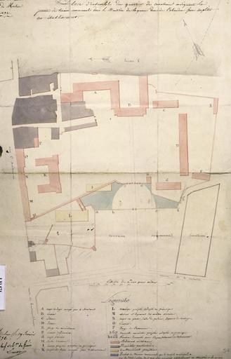 Génie. Direction de Paris. Place de Melun.1832. Plan d'ensemble du quartier de cavalerie indiquant la partie de terrain communal dont le ministère de la Guerre demande l'abandon pour compléter cet établissement.