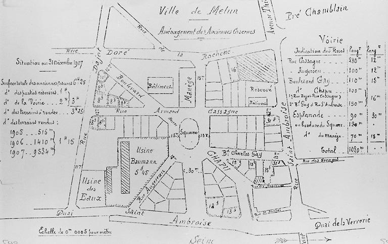 'Ville de Melun. Aménagement des anciennes casernes' : plan du lotissement au 31 décembre 1907.