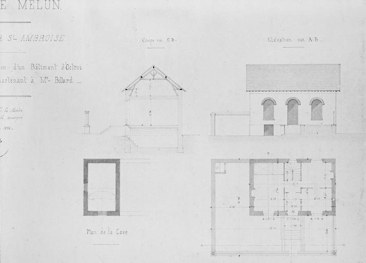 'Ville de Melun. Quartier Saint-Ambroise. Projet de construction d'un bâtiment d'octroi sur un terrain appartenant à M. Billard'.