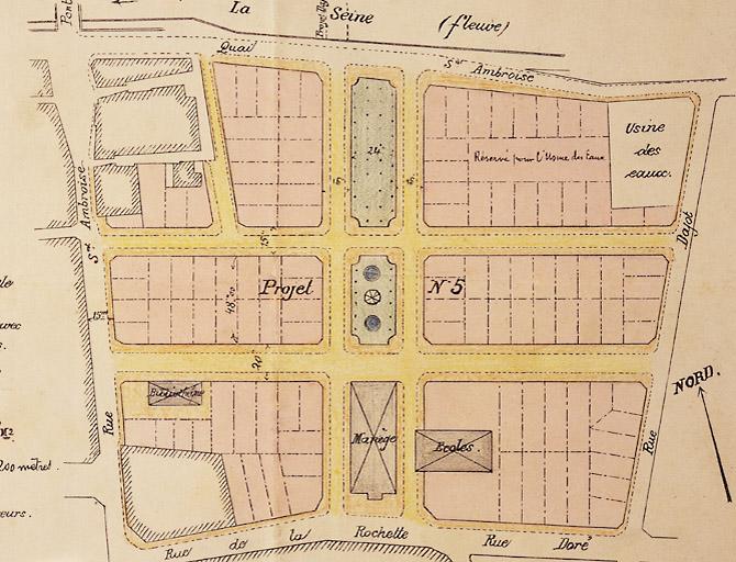 'Ville de Melun. Aménagement et lotissement de l'ancien quartier Augereau. Etude comparative de deux projets. Projet n°5.'