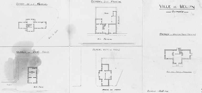 Ville de Melun : plan de cinq bureaux d'octroi.