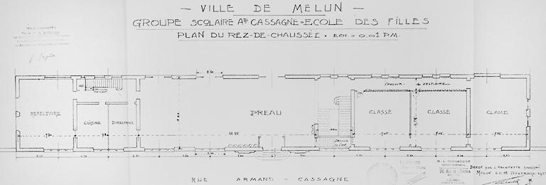 Ecole des filles : plan du rez-de-chaussée. Ech 1 : 100.