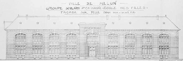 Ecole des filles : façade sur rue (nord). Ech 1 : 100.