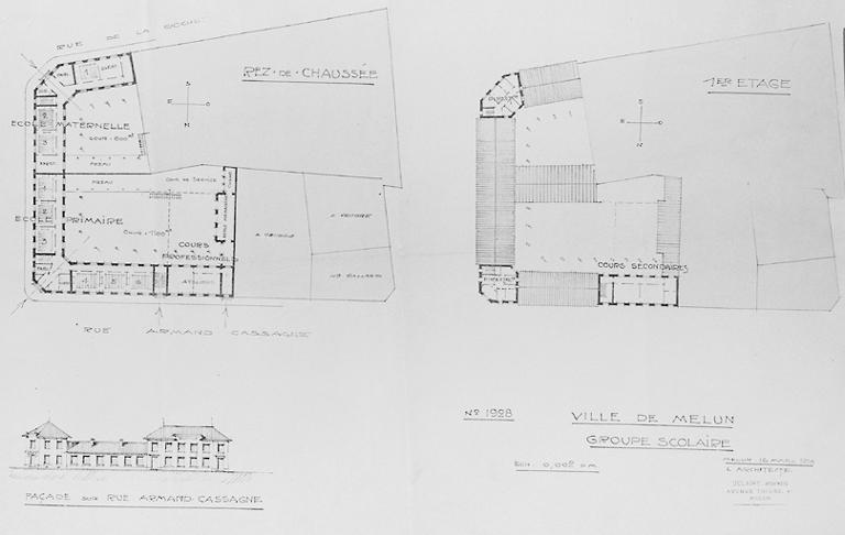 Plan au sol, plan du premier étage, façade sur la rue Armand Cassagne.