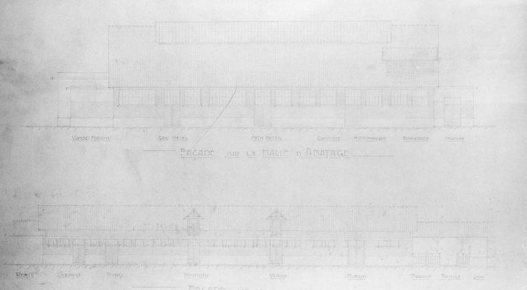 Ville de Melun. Projet de construction d'un nouvel abattoir. Façade sur la halle d'abattage, façade sur les étables. 1/100e