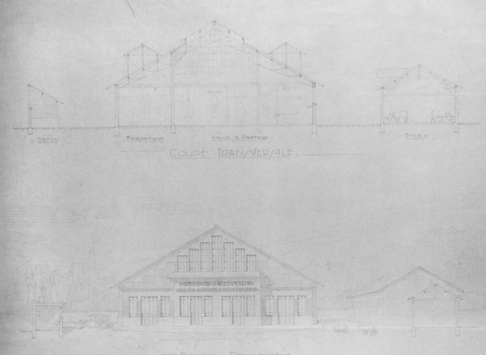 Ville de Melun. Projet de construction d'un nouvel abattoir. Coupe transversale, façade principale. 1/100e