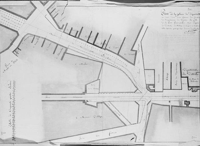 'Plan de la Place du département au dessus des deux éperons des chaussées du Département, du Cimetière et celle de la Porte de Paris'. Ce plan, dressé par Jollain en 1793, montre notamment le projet de percement de la rue de la Contrescarpe.