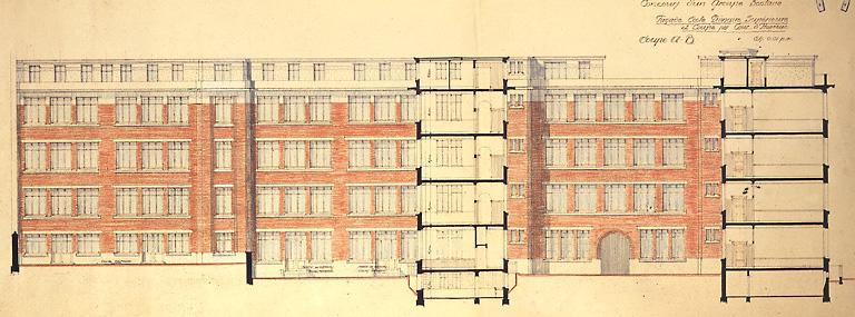 'Ville de Melun. Concours d'un groupe scolaire. Façade école primaire et coupe par cour d'honneur'. Projet non réalisé pour le groupe scolaire Pasteur, devise : fer à cheval (voir le Doc.2).